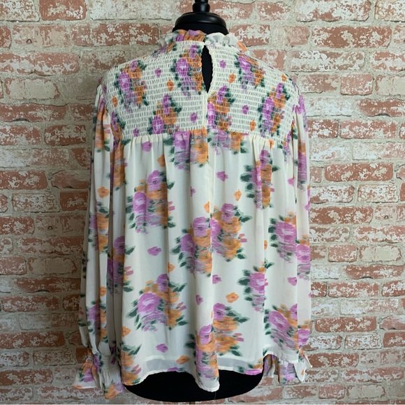 ENTRO Floral Blouse Large Cream Lavender Orange Smocked Semi-Sheer Boho - Picture 4 of 12